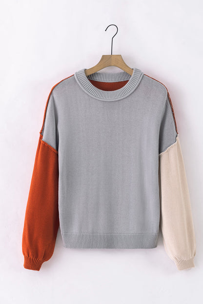 Elegant Grey Patchwork Bishop Sleeve Knit Sweater