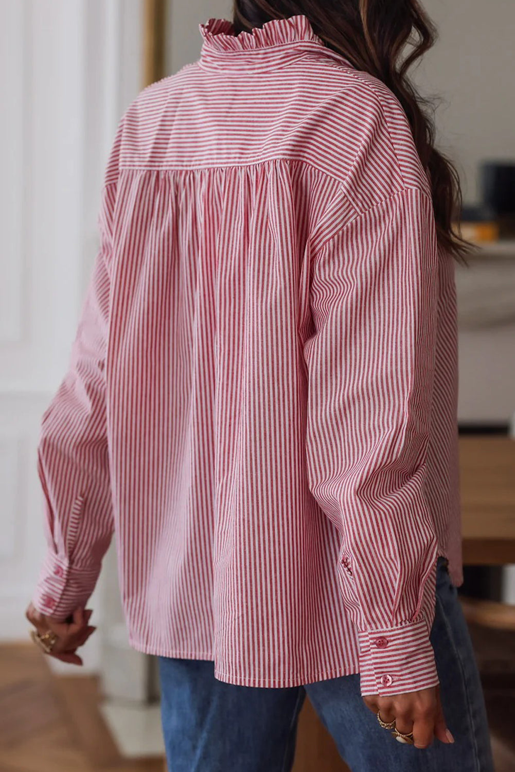 Pink Stripe Frilled Collar Button Down Single Chest Pocket Loose Shirt