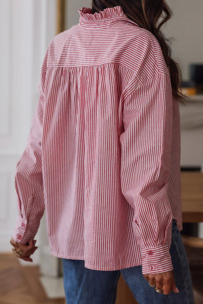 Pink Stripe Frilled Collar Button Down Single Chest Pocket Loose Shirt