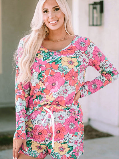 Floral Fantasy Lounge Set with Multicolor Print and Drawstring Shorts