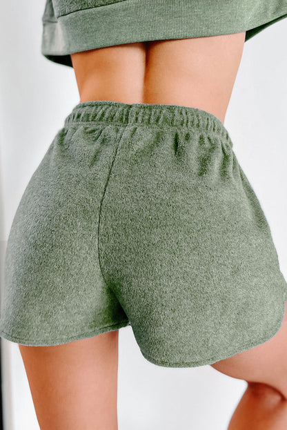 Green Cropped Fleece Lounge Set with Pullover Top and Shorts