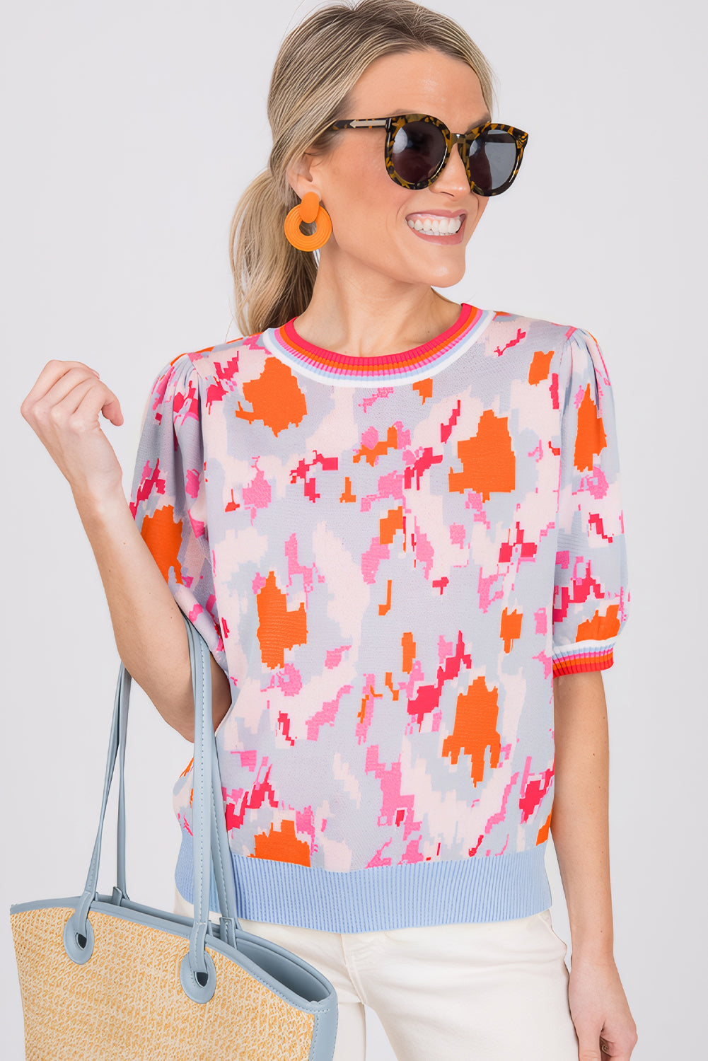 Light Blue Abstract Pattern Knit Contrast Striped Trim Short Sleeve Sweater