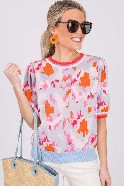 Light Blue Abstract Pattern Knit Contrast Striped Trim Short Sleeve Sweater