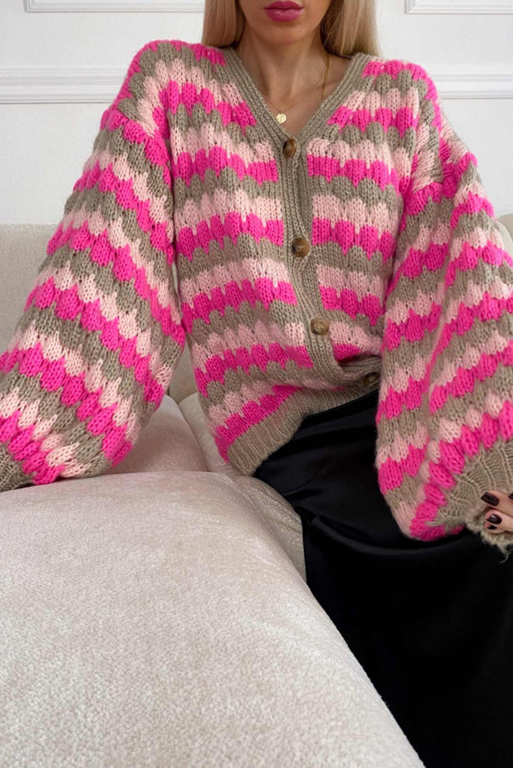 Rose Red Chic Striped Pattern Button V Neck Oversize Sweater Cardigan