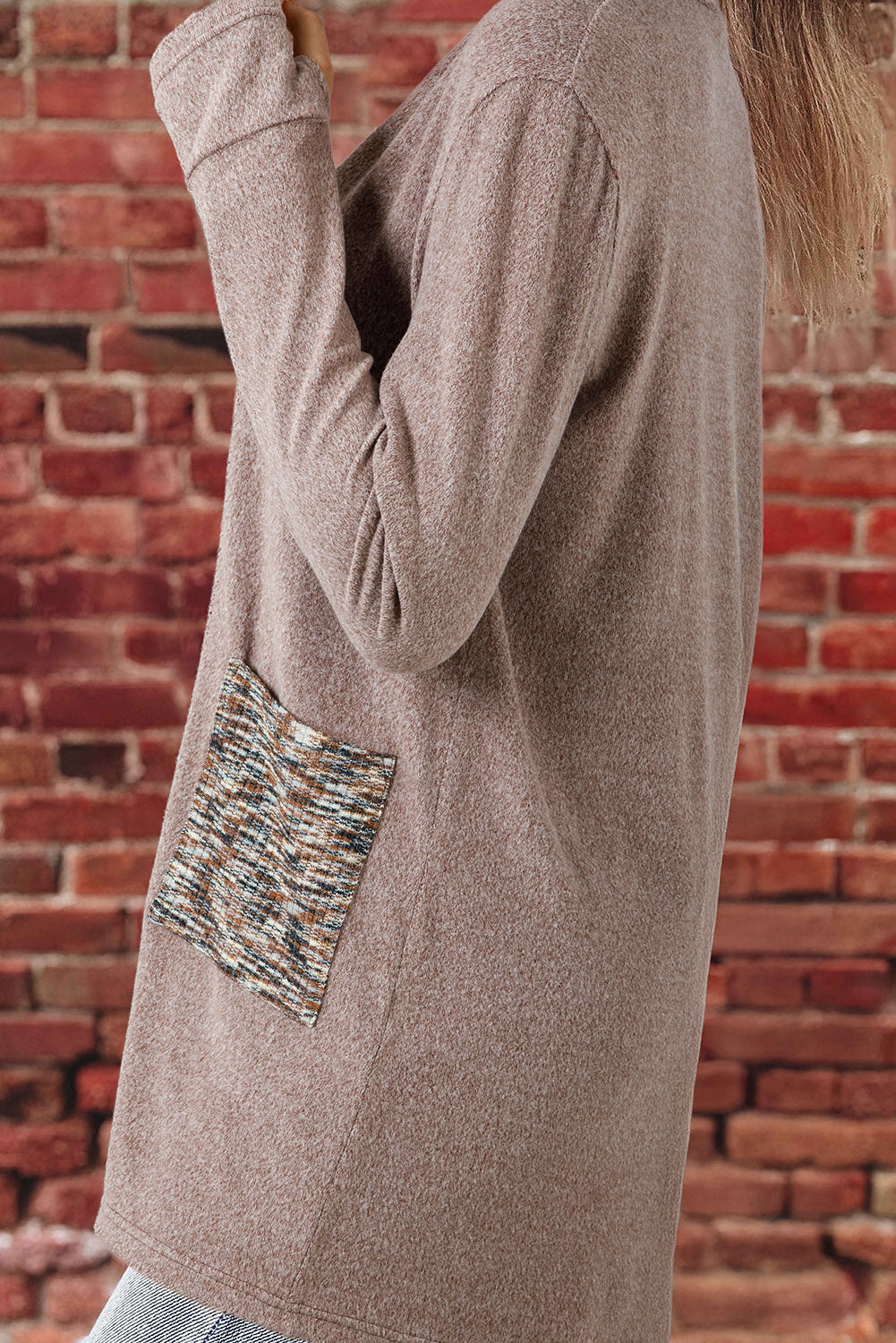 Dark Khaki Open Front Knit Contrast Patched Pocket Duster Cardigan