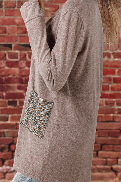 Dark Khaki Open Front Knit Contrast Patched Pocket Duster Cardigan