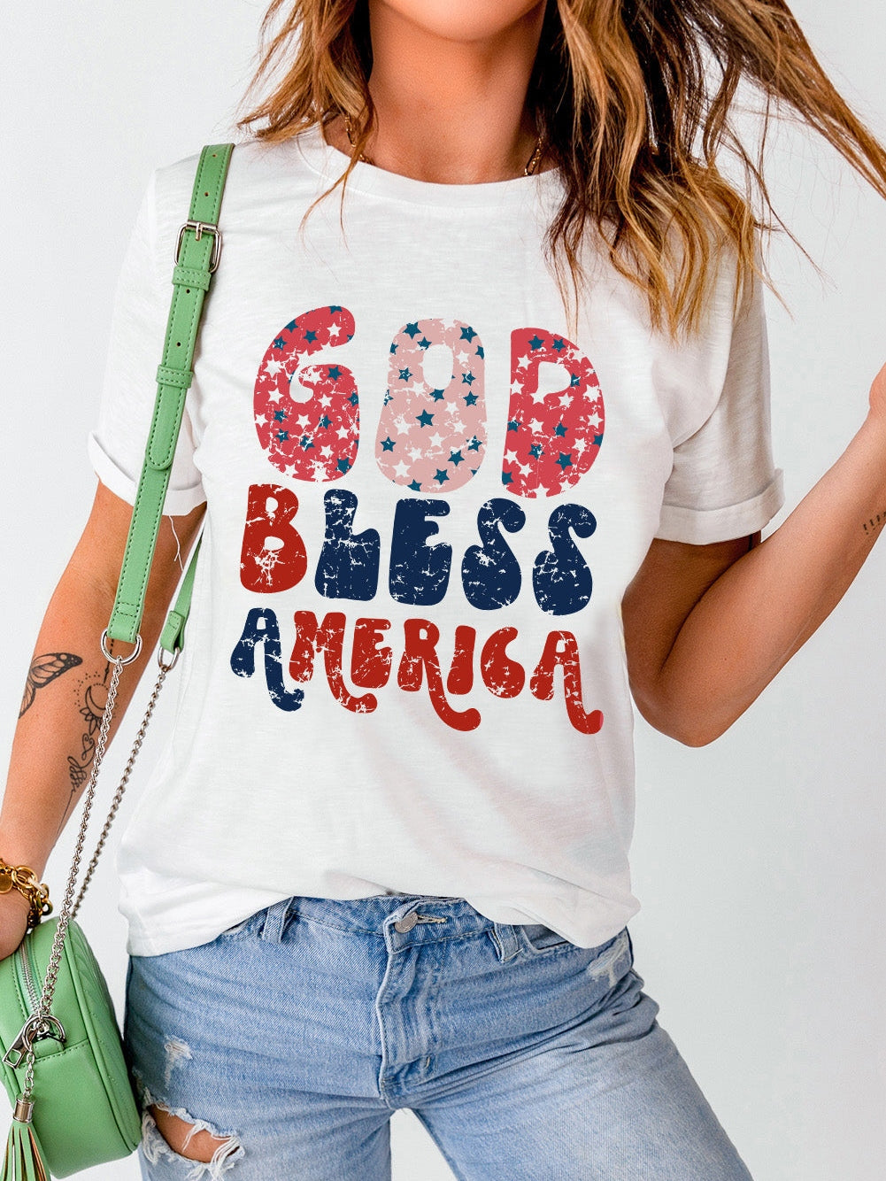 God Bless America Patriotic Graphic Tee in White