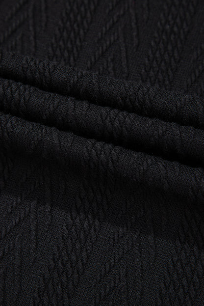 Black Floral Patchwork Textured Knit Drawstring V Neck Blouse