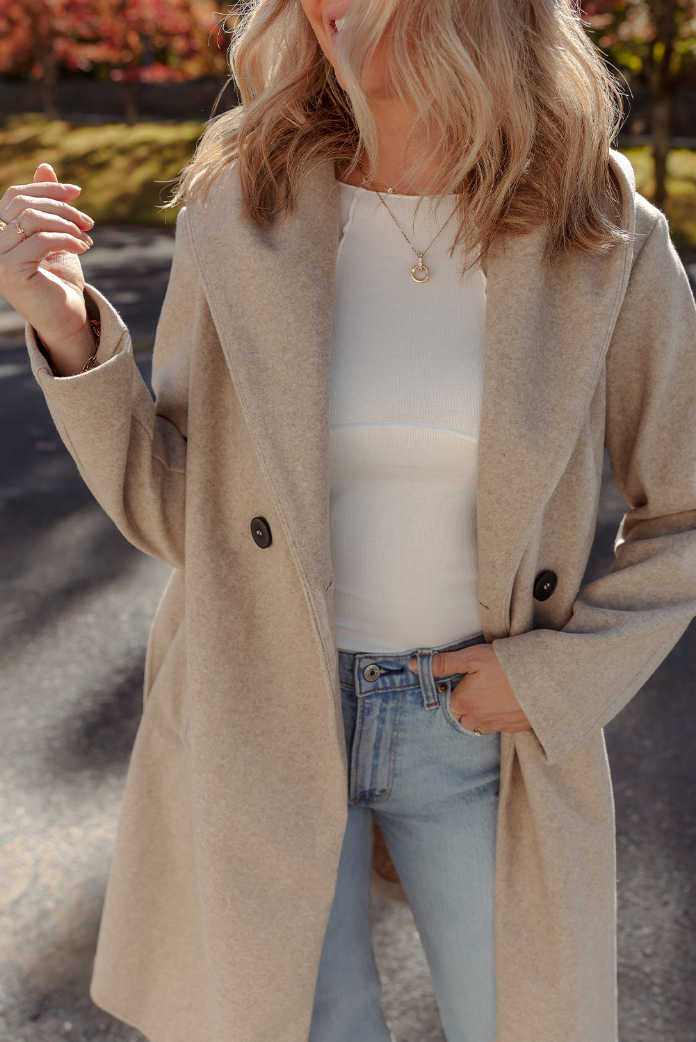 Oatmeal Lapel Collar Double Breasted Belted Overcoat