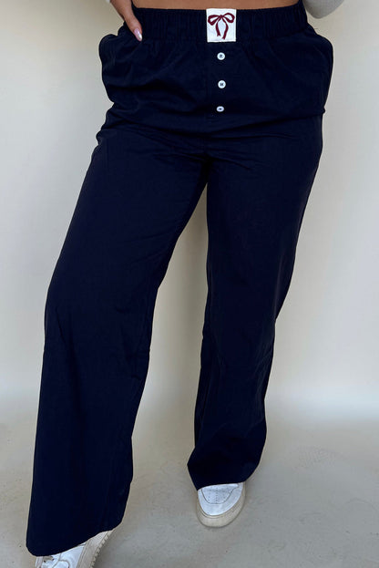 Black Bow Tab Elastic Waist Button Detail Loose Pants