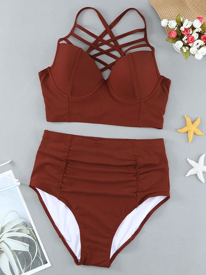 Fiery Red V-Neck High Waist Plus Size Bikini Set