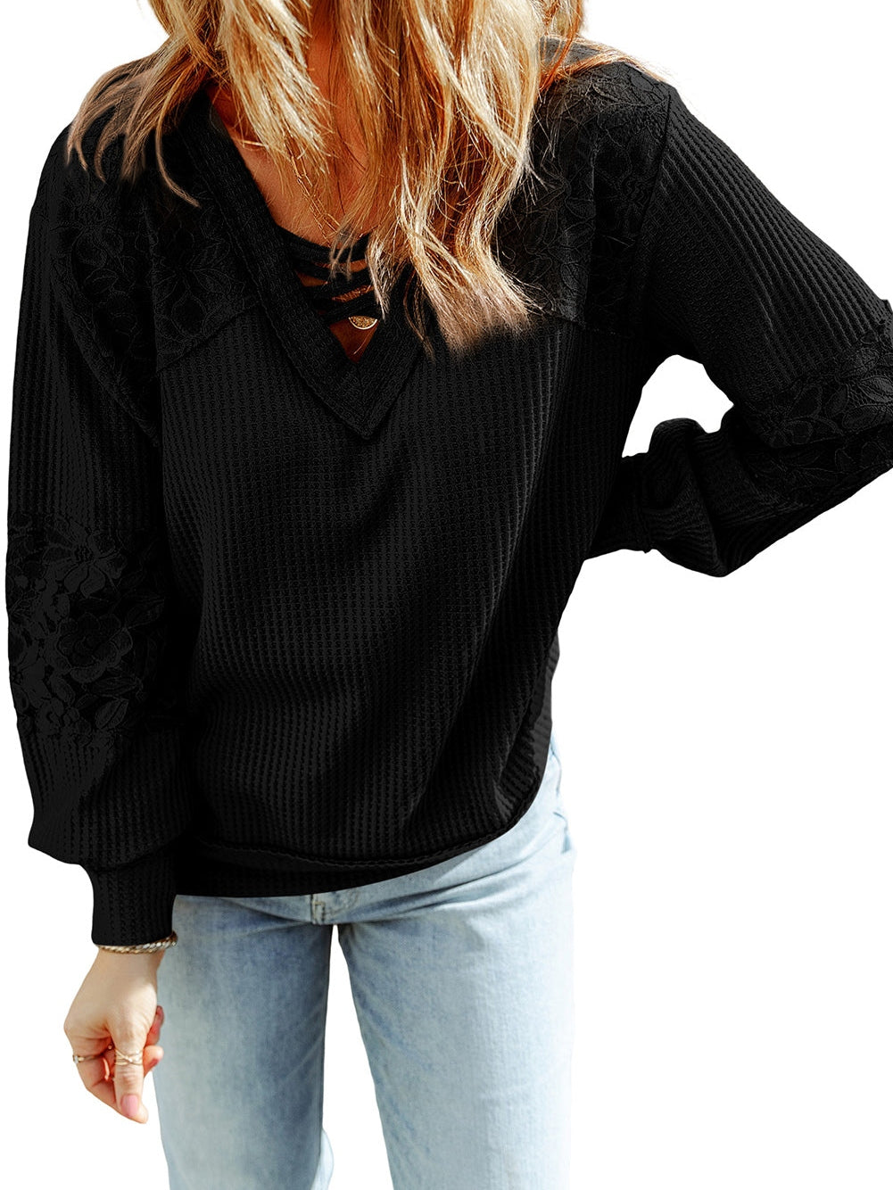 Elegant Black Lace Patchwork V Neck Long Sleeve Knit Top