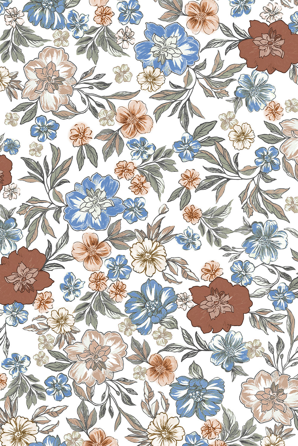 Brown Plaid Trim V Neck Floral Long Sleeve Blouse