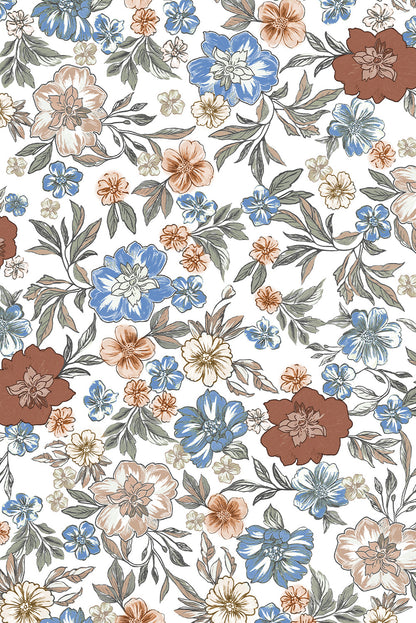 Brown Plaid Trim V Neck Floral Long Sleeve Blouse