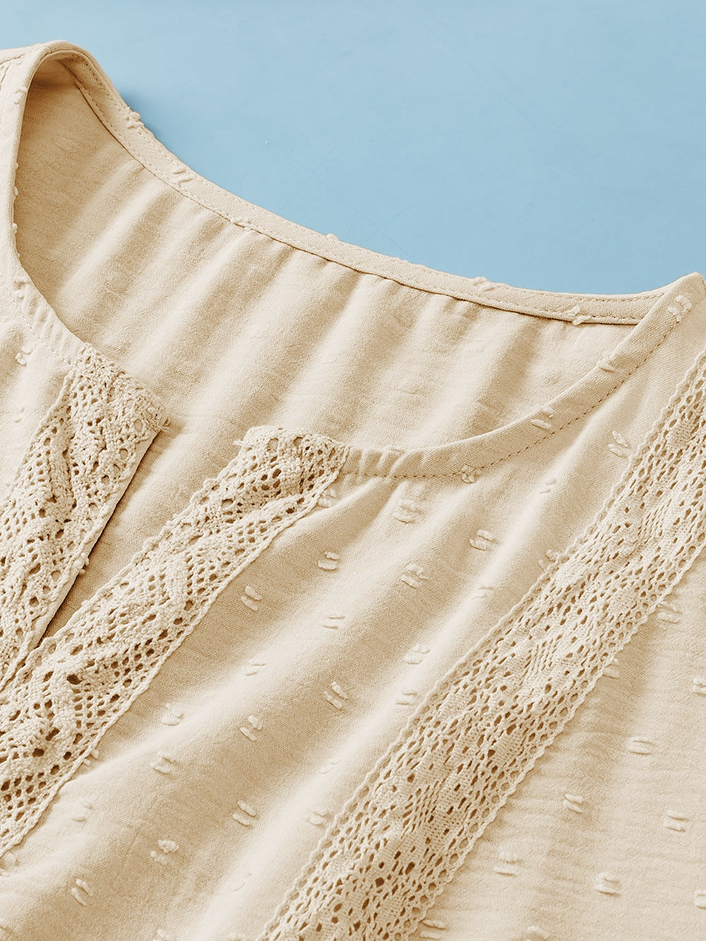 Golden Fleece Plus Size Swiss Dot Lace Trim Split Neck Babydoll Top