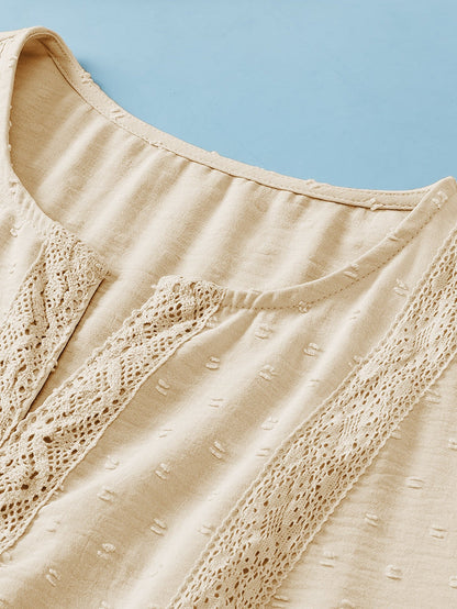 Golden Fleece Plus Size Swiss Dot Lace Trim Split Neck Babydoll Top