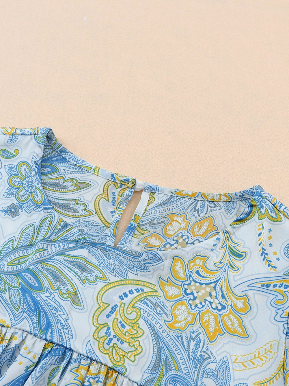 Elegant Sky Blue Paisley Pattern Flowy Blouse with Wide Sleeves