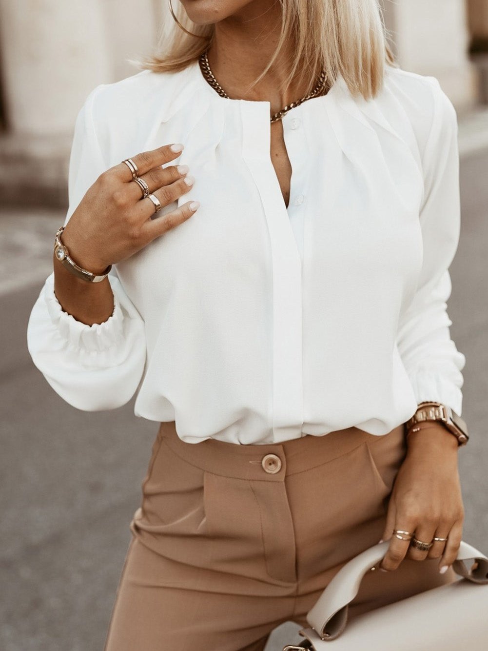 Graceful White Pleated Round Neck Shirt with Puff Sleeves