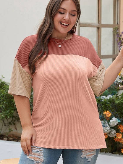Rose Pink Plus Size Ribbed Colorblock T-shirt