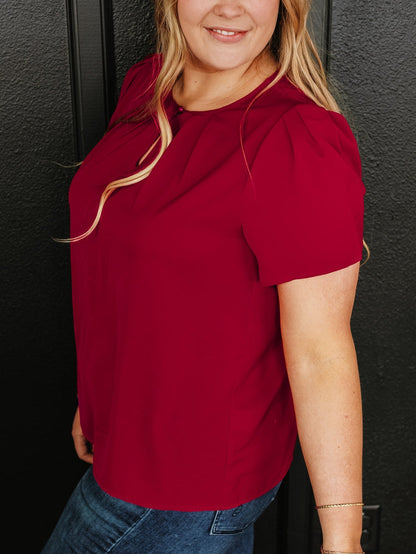 Red Dahlia Keyhole Pleated Crew Neck Plus Size T Shirt