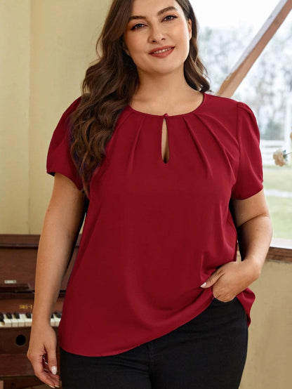 Red Dahlia Keyhole Pleated Crew Neck Plus Size T Shirt