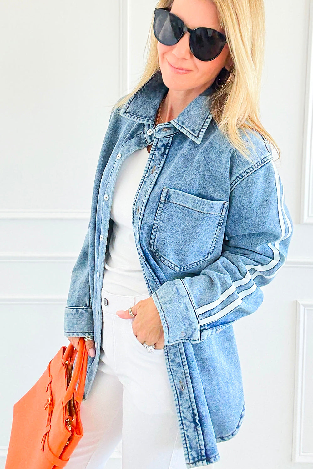 Myosotis Varsity Striped Sleeves Shirt Collar Button Down Denim Jacket