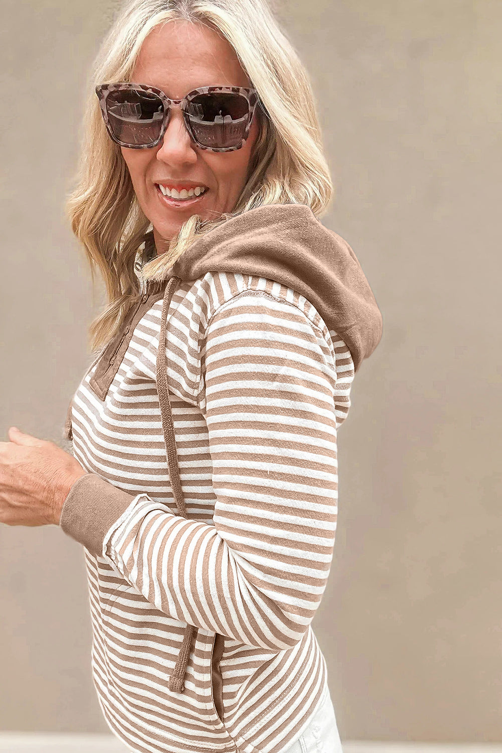 Khaki Stripe Contrast Hood Patchwork Button Drawtring Pocketed Sweatshirt