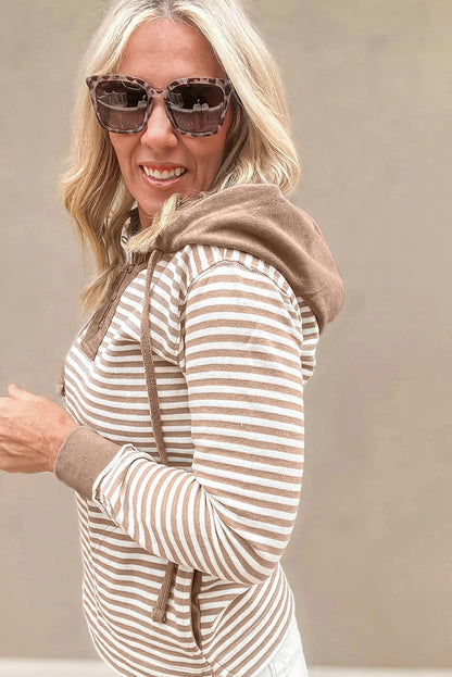 Khaki Stripe Contrast Hood Patchwork Button Drawtring Pocketed Sweatshirt