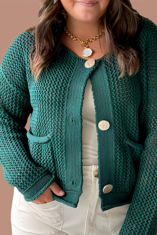 Blackish Green Plus Size Drop Shoulder Knit Button Down Sweater Cardigan