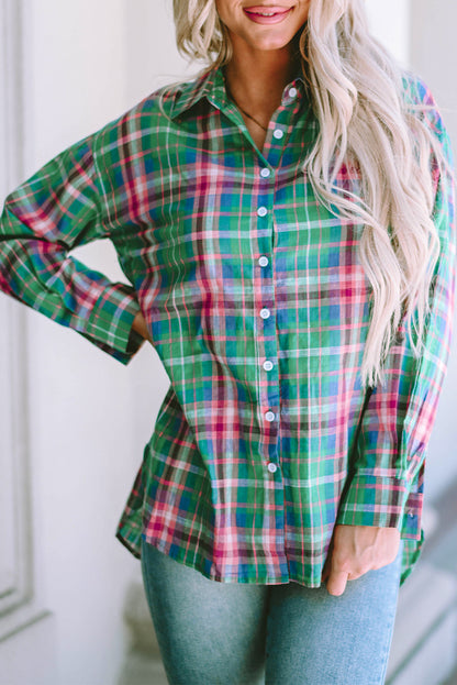 Green Plaid Split Detail Button Down Shirt