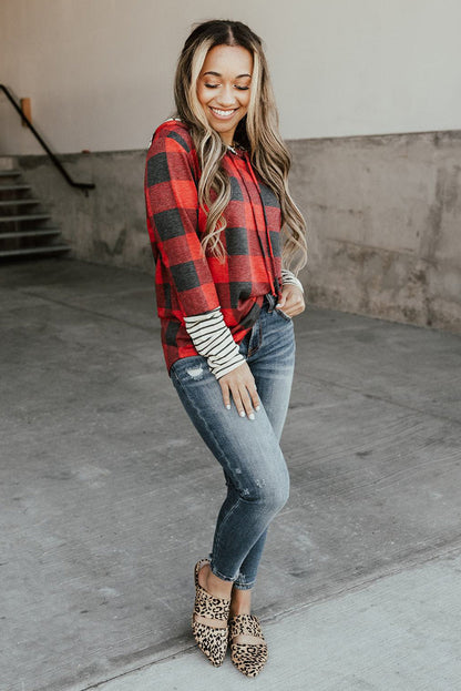 Fiery Red Christmas Plaid Striped Hooded Patchwork Sweatshirt