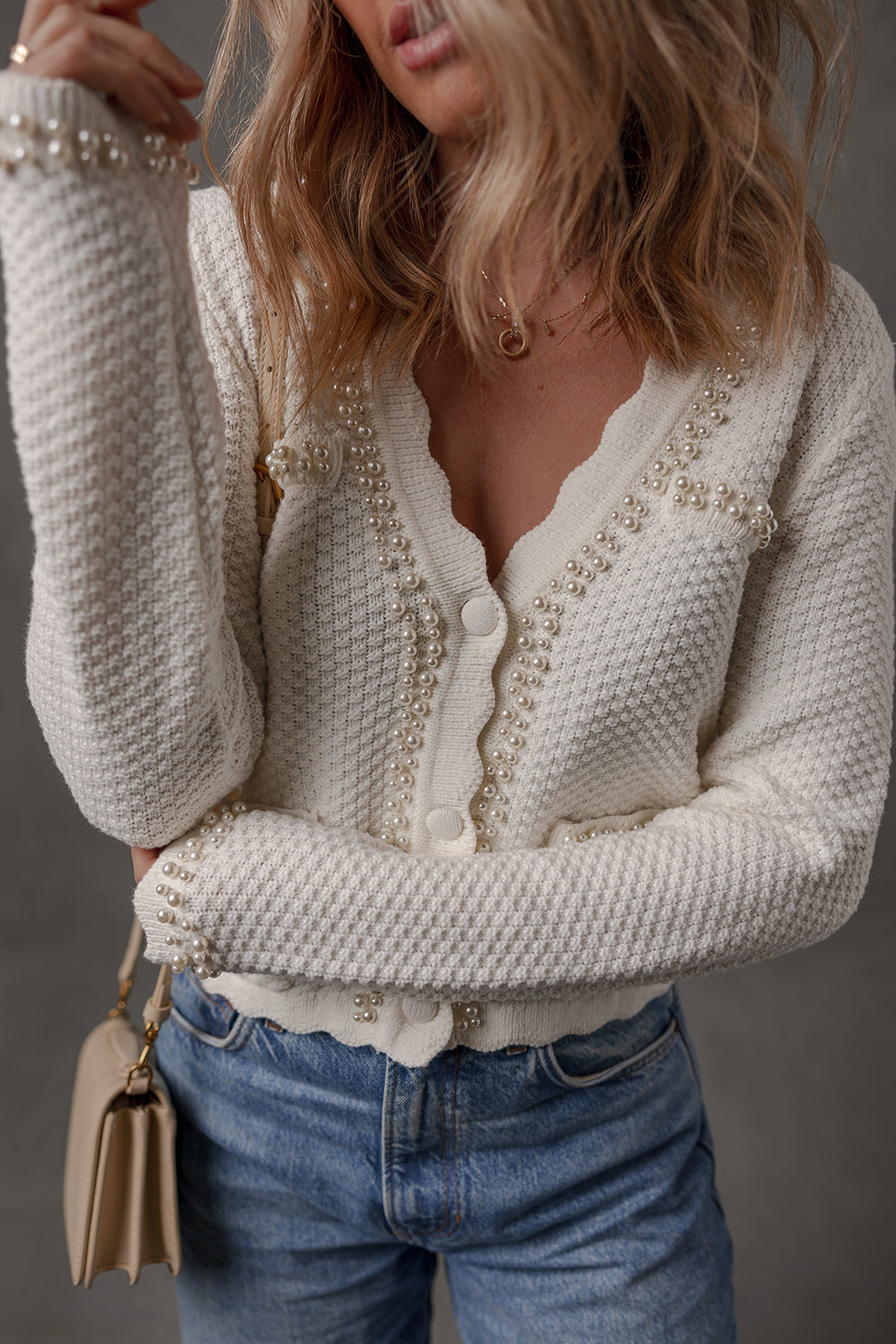 White Pearl Decor Scalloped Edge V Neck Elegant Cardigan Sweater