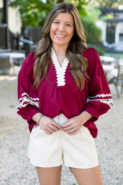 Red Dahlia Contrasted V Neck Ricrac Trim Puff Sleeve Blouse