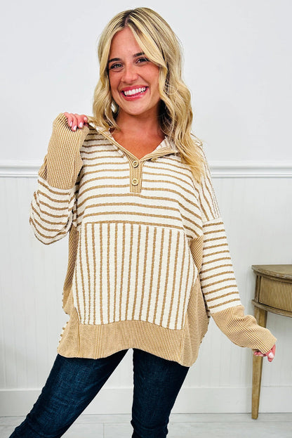 Yellow Stripe Textured Contrast Ribbed Patchwork Button V Neck Hooded Top