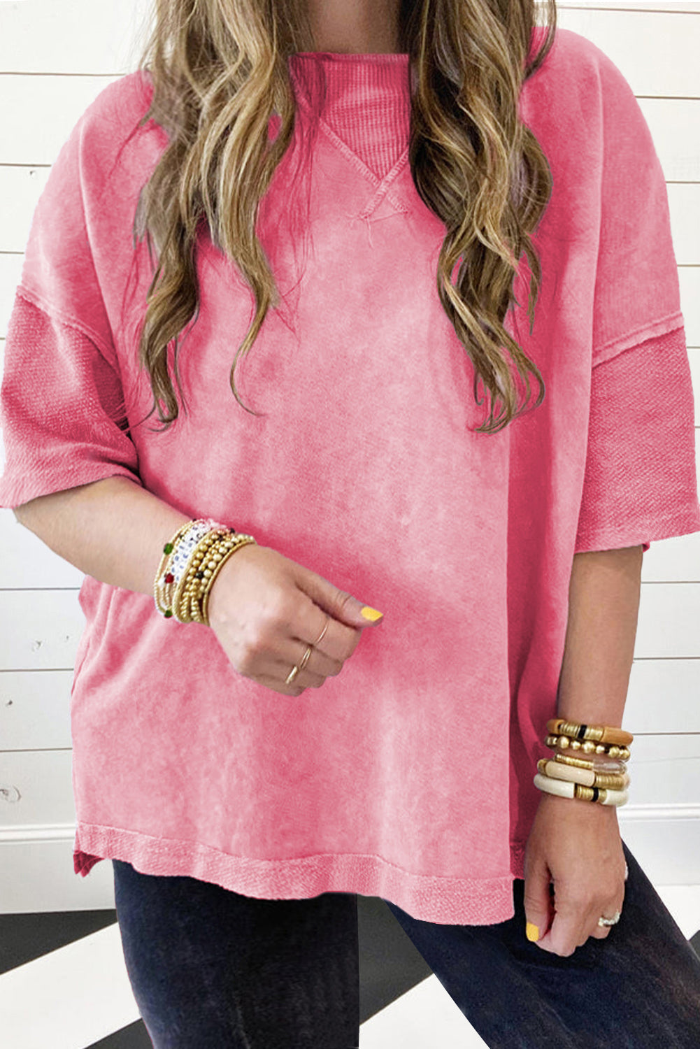 Strawberry Pink Mineral Wash Oversized Patchwork Tee