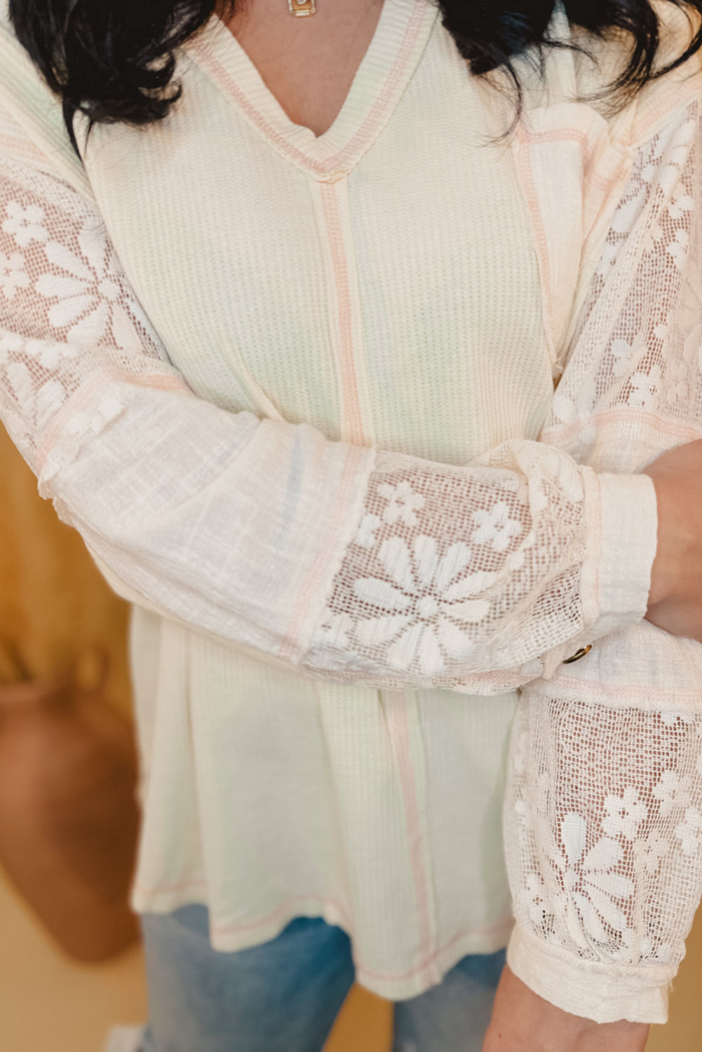 White Floral Lace Patchwork Waffle Knit Plus Size Blouse