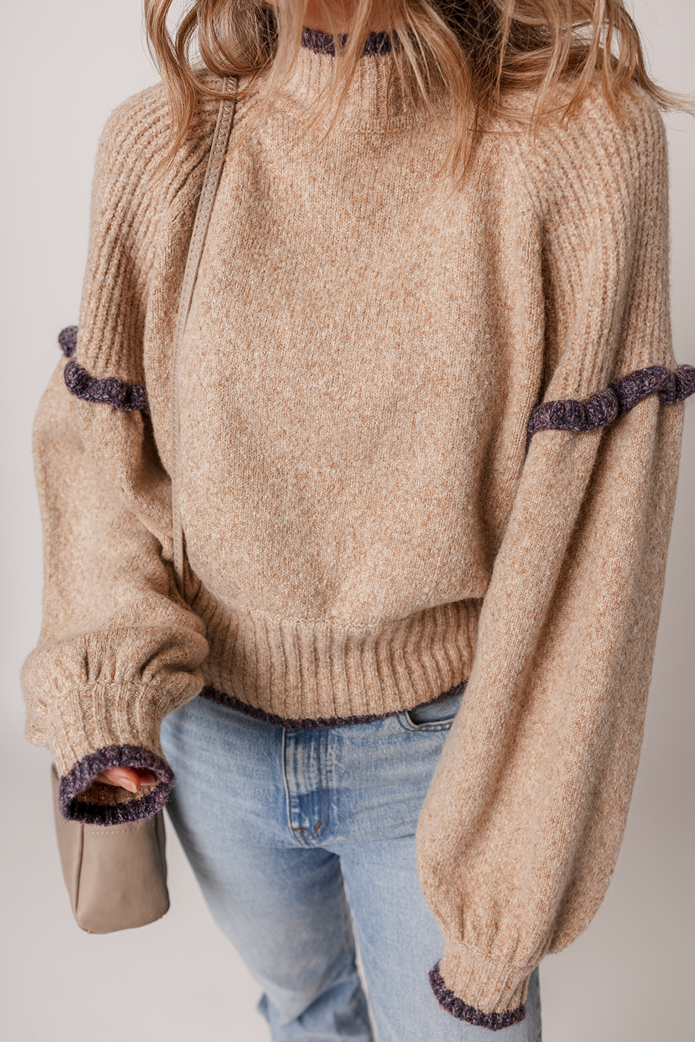 Smoke Gray Ribbed Texture Mixed Contrast Trim High Neck Drop Shoulder Sweater