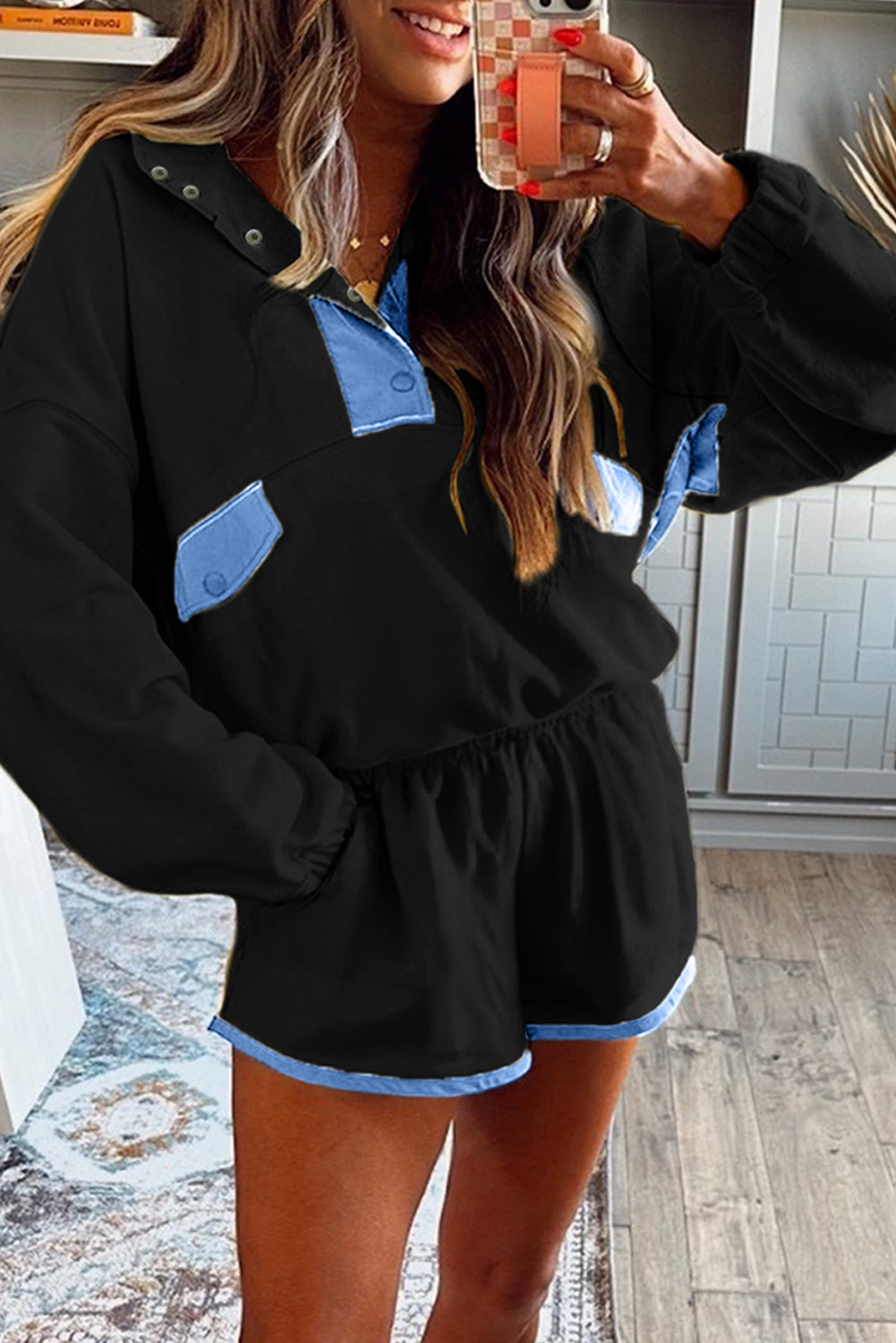 color block pullover short set