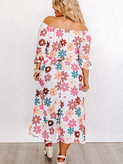 Floral Print Smocked Off Shoulder Plus Size Midi Dress in White