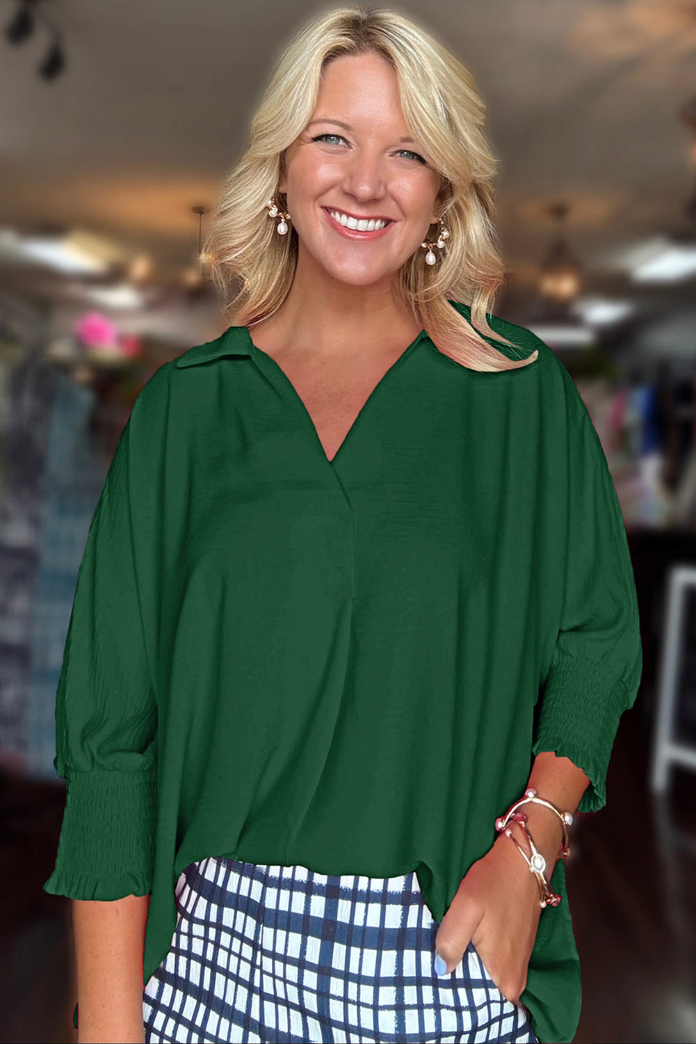 Blackish Green V Neck Collared Shirred 3/4 Sleeve Oversized Tunic Top