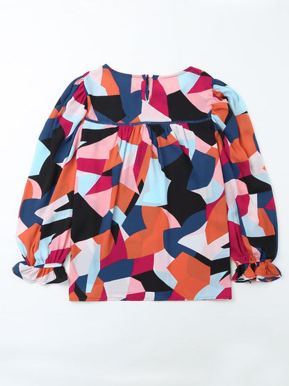 Glowing Abstract Pattern Ruffled Sleeve Crewneck Blouse