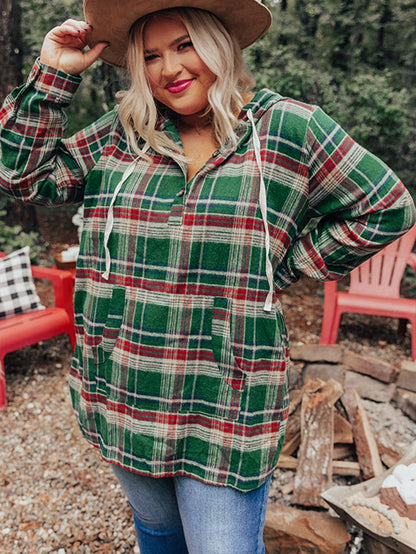 Green Plus Size Plaid Kangaroo Pocket Drawstring Hoodie