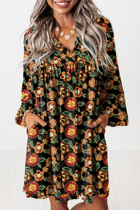 Black Floral Print Split Neck Bubble Sleeve Shift Mini Dress