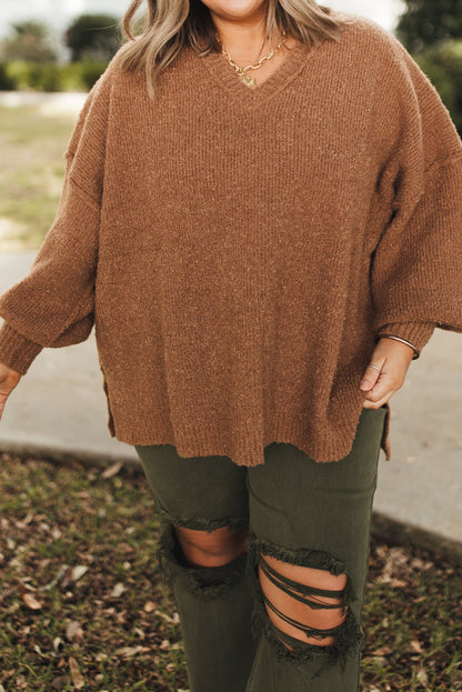 Chestnut Plus Size V Neck Drop Shoulder Knit Side Slit Loose Sweater