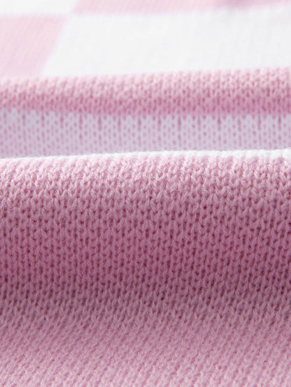 Elegant Pink Plaid Bishop Sleeve Knit Sweater