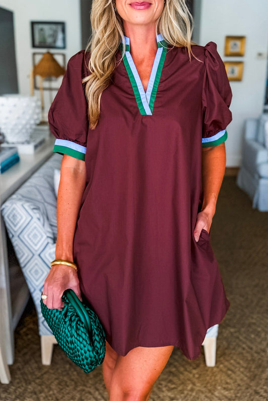 Burgundy Contrast Striped Notched V Neck Puff Sleeve Mini Dress
