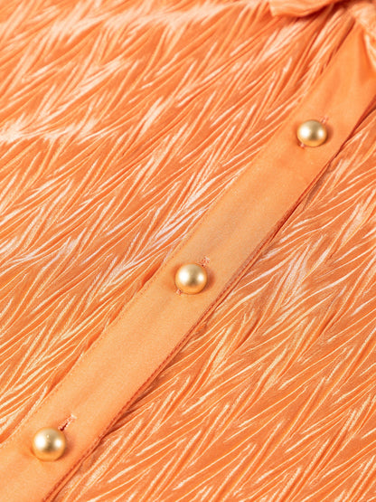 Grapefruit Orange Crinkled Texture Button-up Blouse with Wide Sleeves