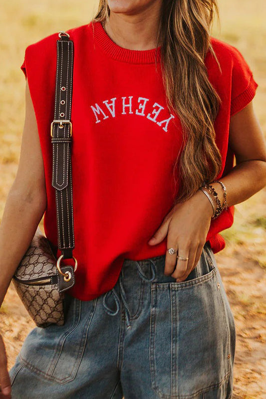 Fiery Red YEEHAW Embroidered Letter Loose Short Sleeve Sweater