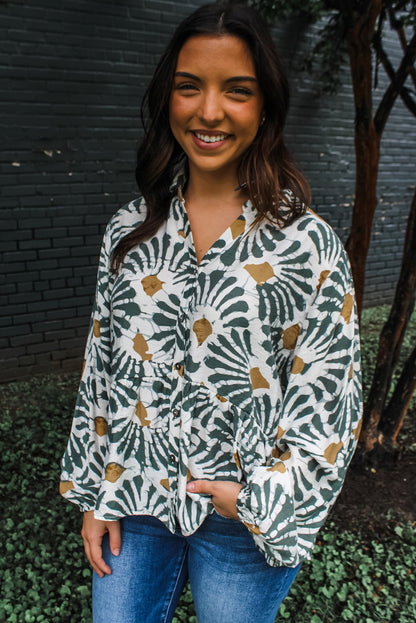 Green Abstract Floral Print Ruffle Hem Long Sleeve Shirt