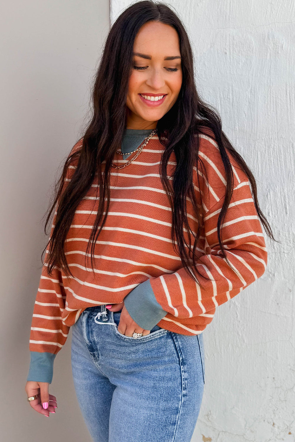 Orange Stripe Ribbed Color Block Detail Drop Shoulder Sweater